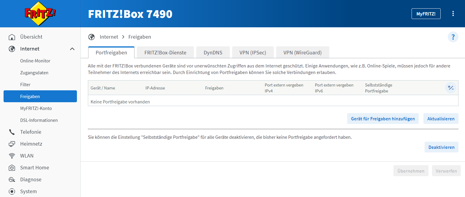 Fritzbox Portfreigabe-Menü